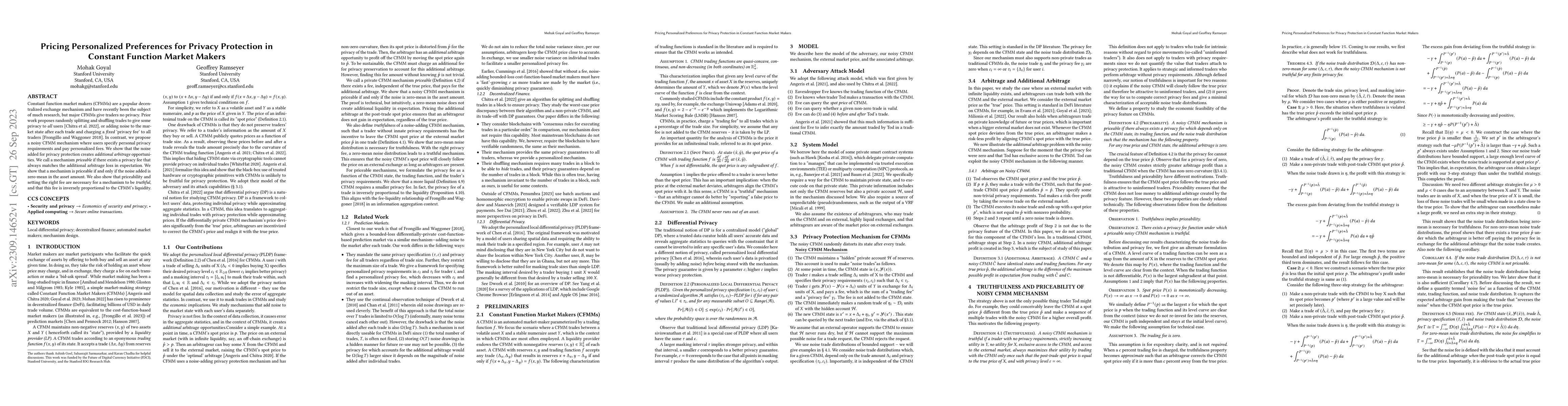 Thumbnail for Pricing Personalized Preferences for Privacy Protection in Constant
  Function Market Makers