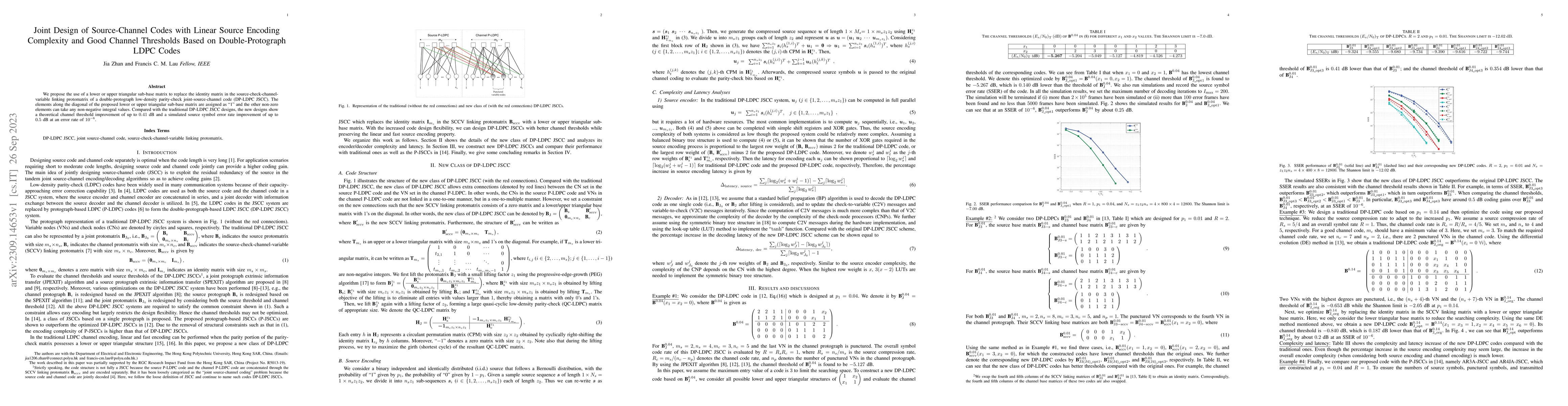 Thumbnail for Joint Design of Source-Channel Codes with Linear Source Encoding
  Complexity and Good Channel Thresholds Based on Double-Protograph LDPC Codes