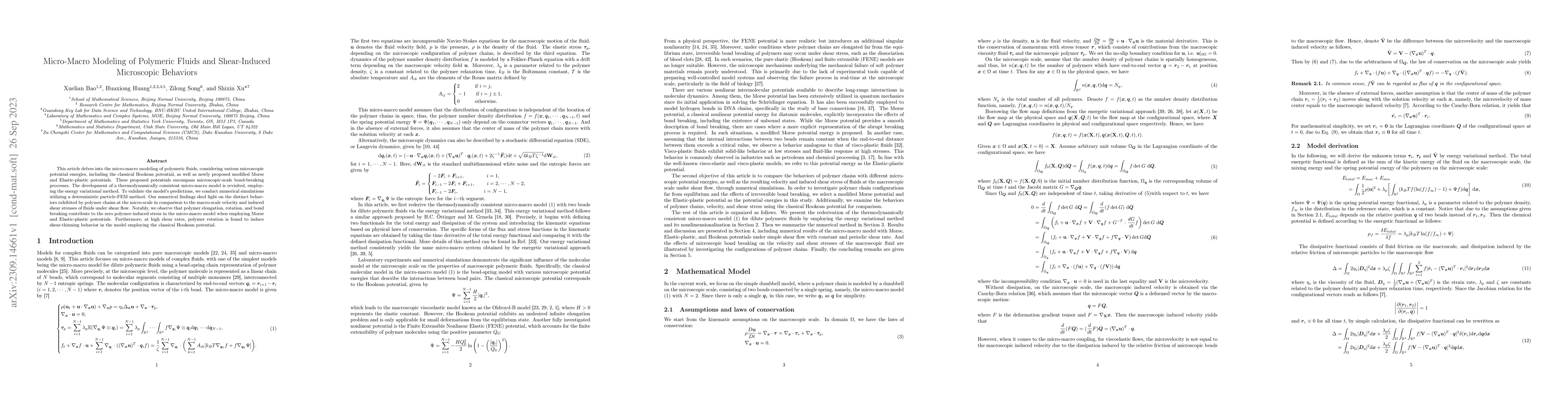 Thumbnail for Micro-Macro Modeling of Polymeric Fluids and Shear-Induced Microscopic
  Behaviors