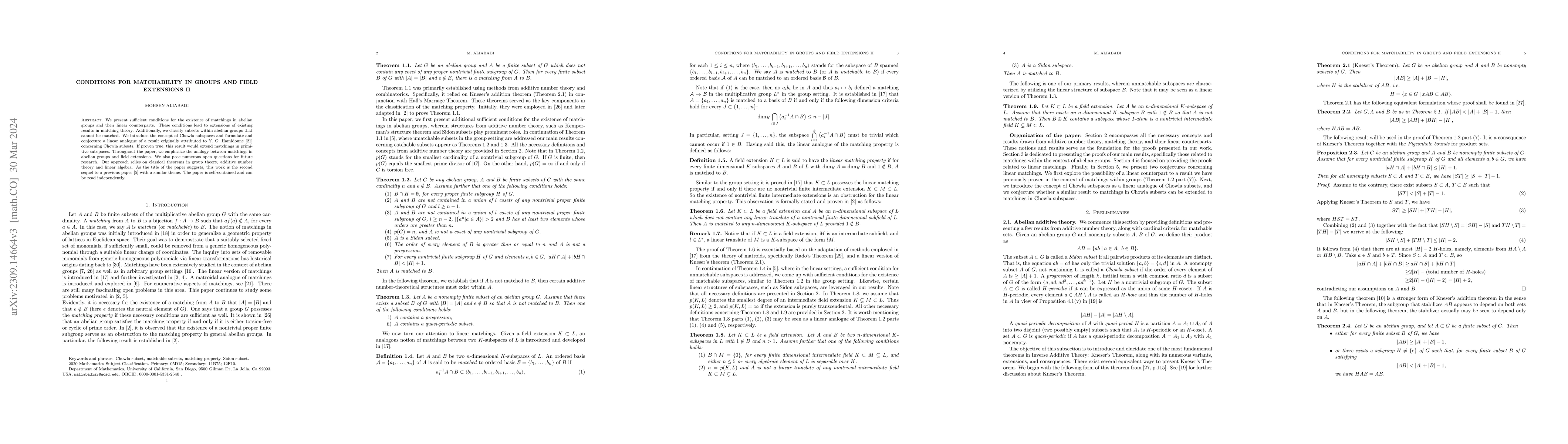 Thumbnail for Conditions for matchability in groups and field extensions II