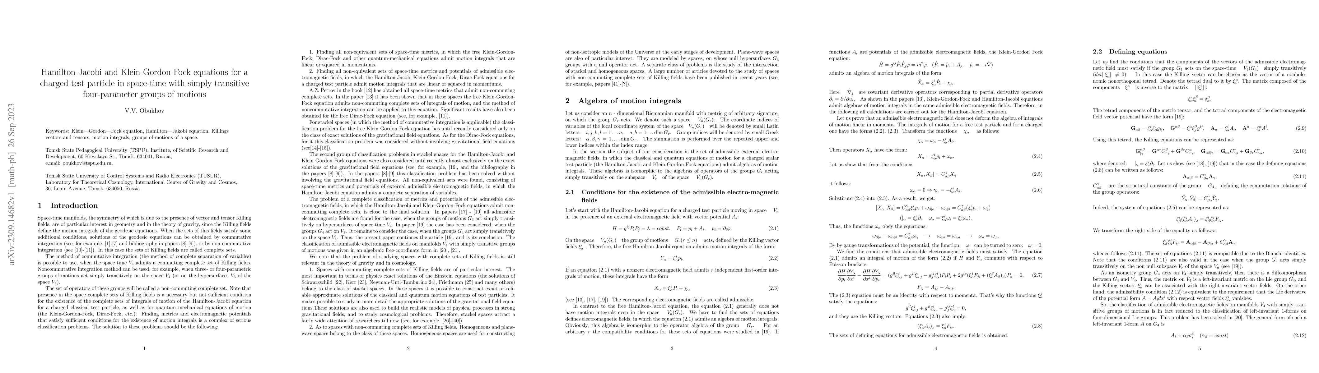 Thumbnail for Hamilton-Jacobi and Klein-Gordon-Fock equations for a charged test
  particle in space-time with simply transitive four-parameter groups of
  motions