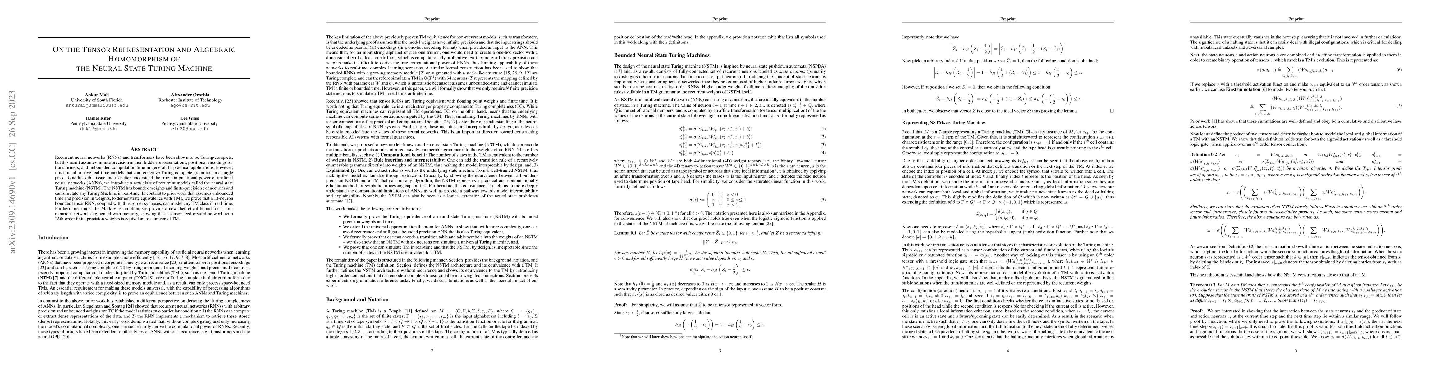 Thumbnail for On the Tensor Representation and Algebraic Homomorphism of the Neural
  State Turing Machine
