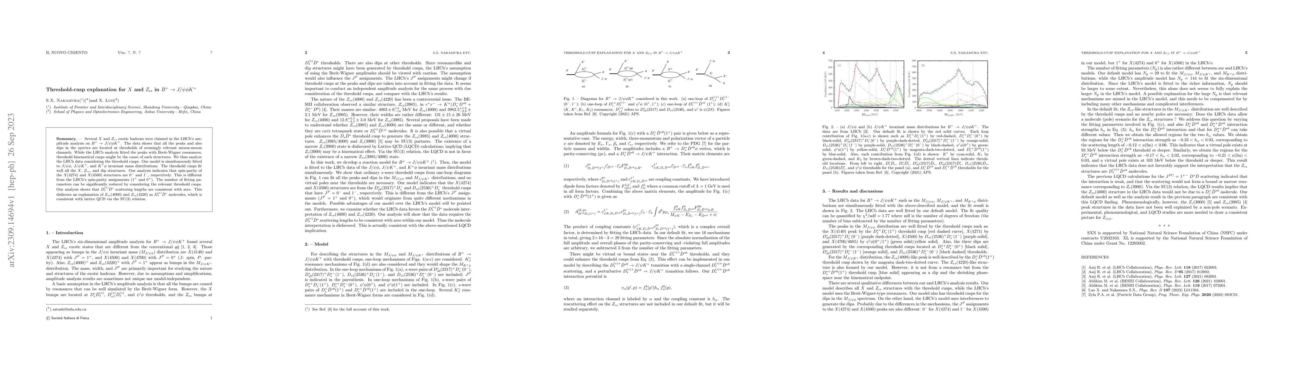 Thumbnail for Threshold-cusp explanation for $X$ and $Z_{cs}$ in $B^+\to J/\psi\phi
  K^+$
