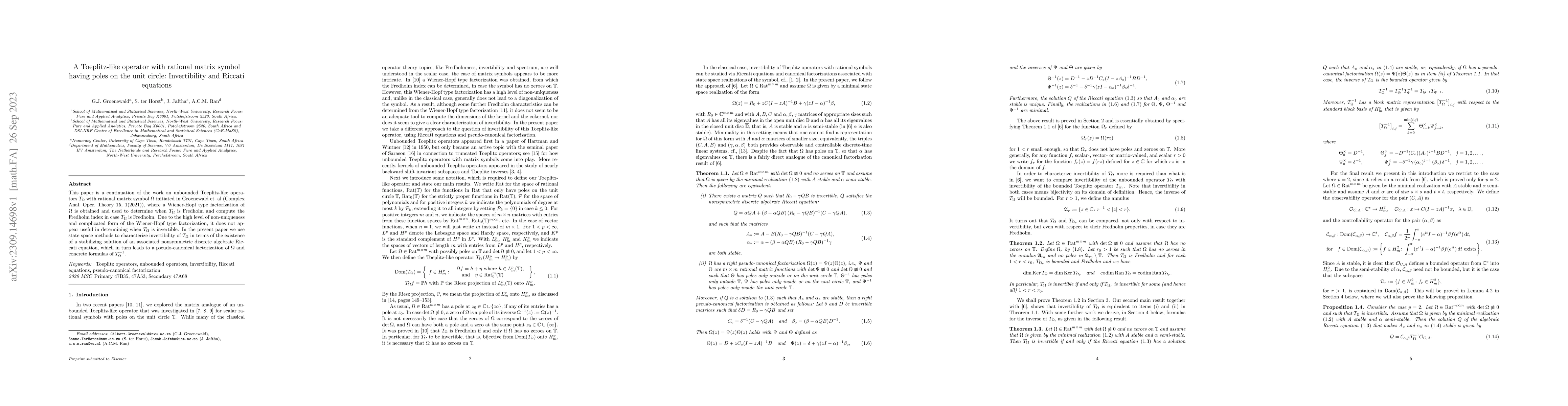 Thumbnail for A Toeplitz-like operator with rational matrix symbol having poles on the
  unit circle: Invertibility and Riccati equations