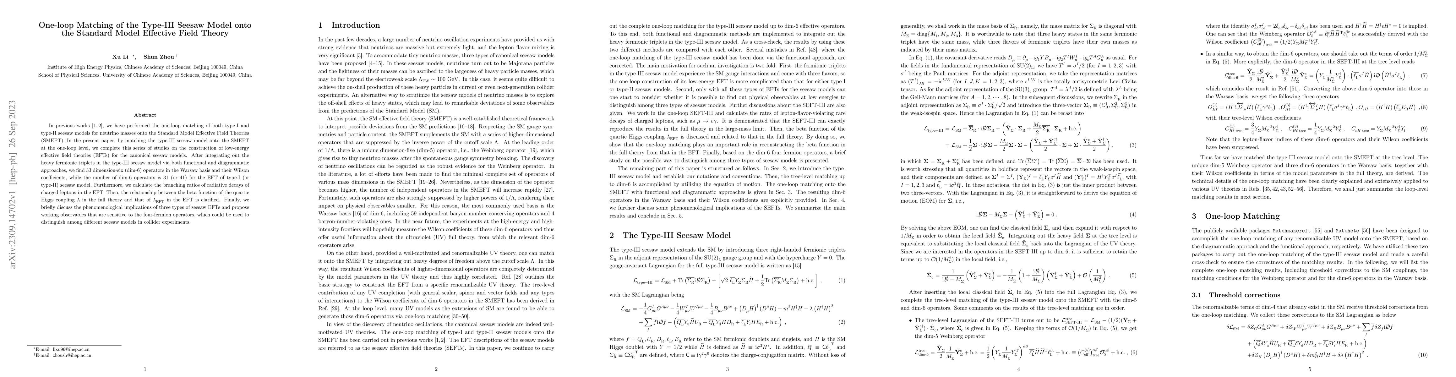 Thumbnail for One-loop Matching of the Type-III Seesaw Model onto the Standard Model
  Effective Field Theory