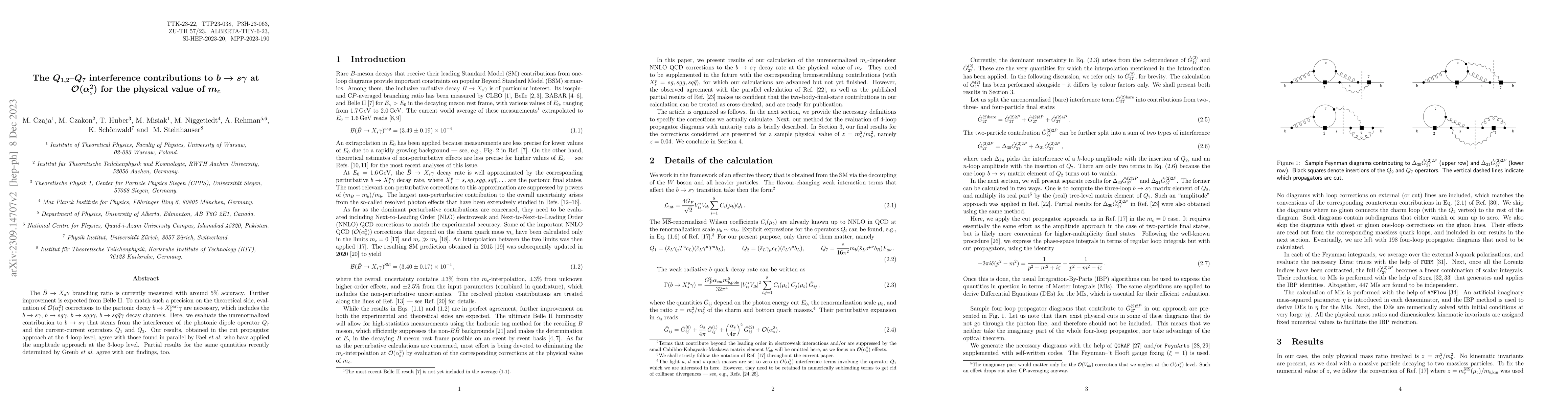Thumbnail for The Q_{1,2}-Q_7 interference contributions to b -> s gamma at
  O(alpha_s^2) for the physical value of m_c
