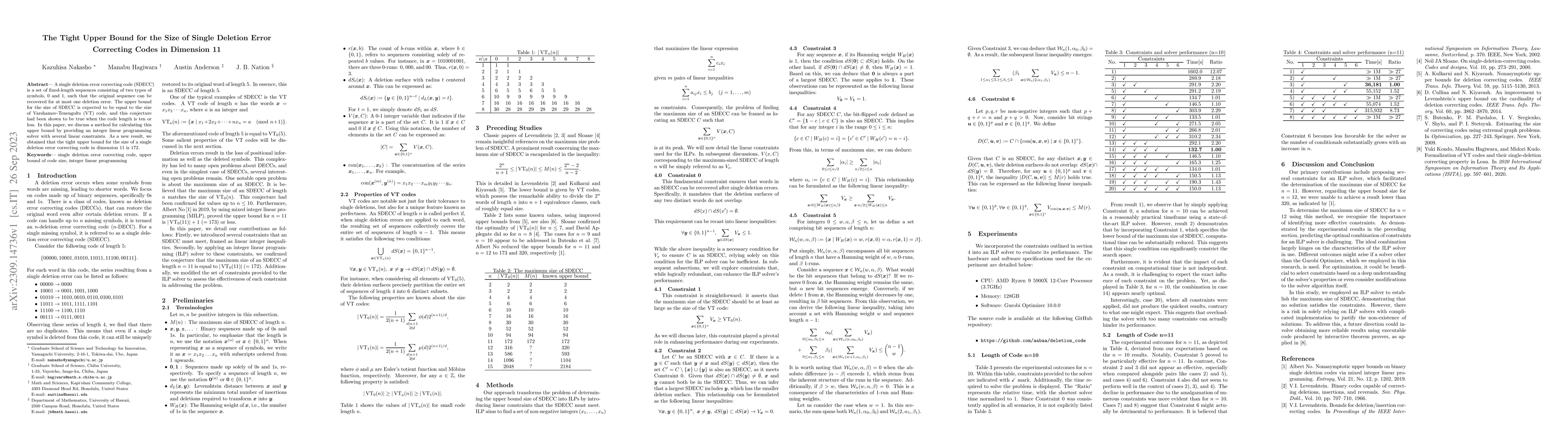 Thumbnail for The Tight Upper Bound for the Size of Single Deletion Error Correcting
  Codes in Dimension 11