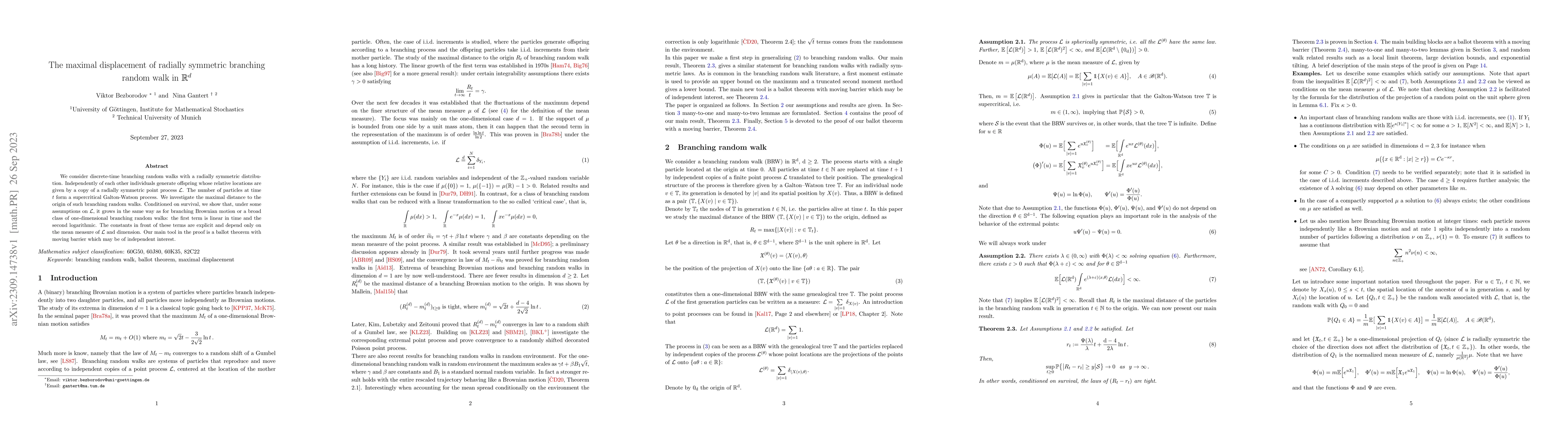 Thumbnail for The maximal displacement of radially symmetric branching random walk in
  $\mathbb{R}^d$