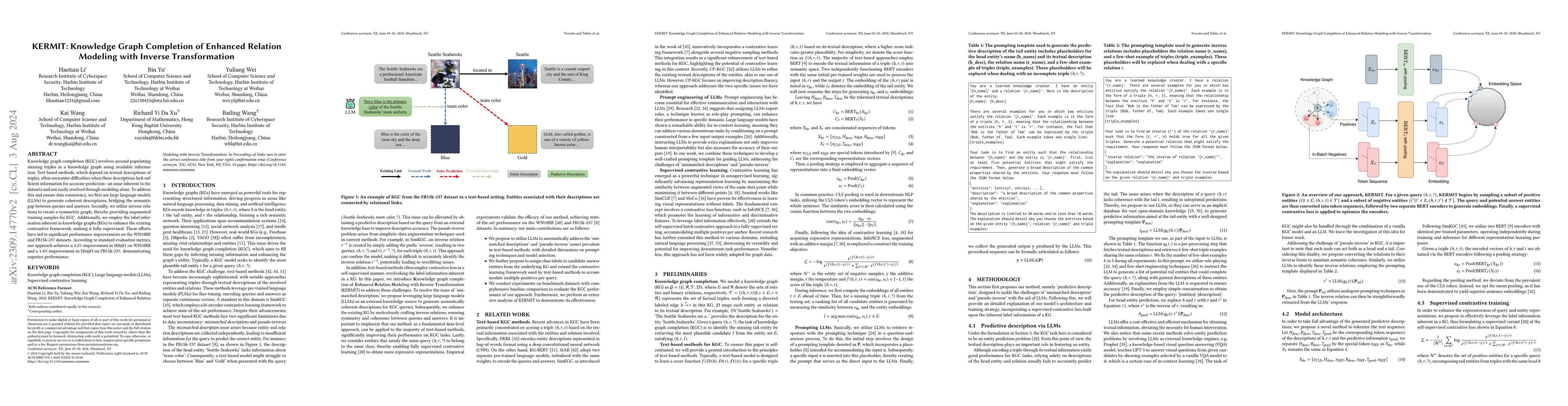 Thumbnail for KERMIT: Knowledge Graph Completion of Enhanced Relation Modeling with
  Inverse Transformation