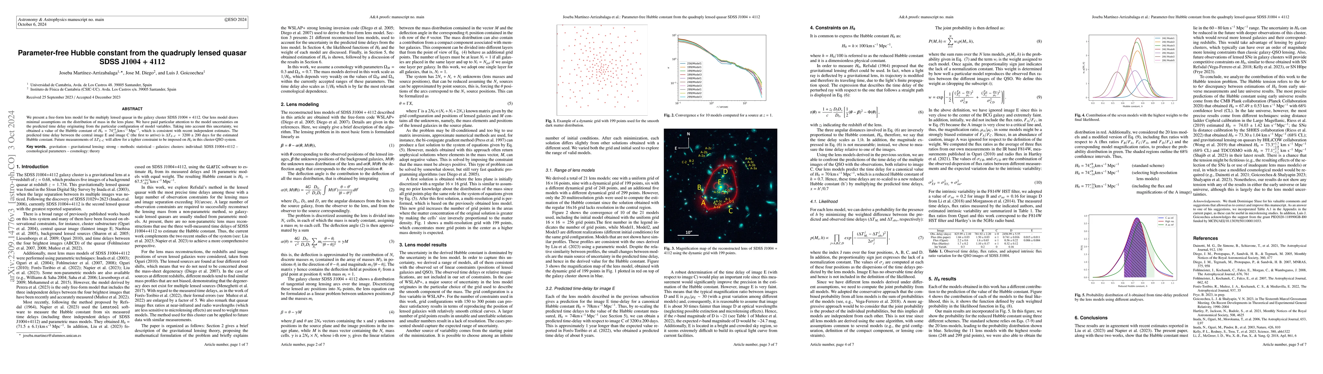 Thumbnail for Parameter free Hubble constant from the quadruply lensed quasar SDSS
  J1004 + 4112
