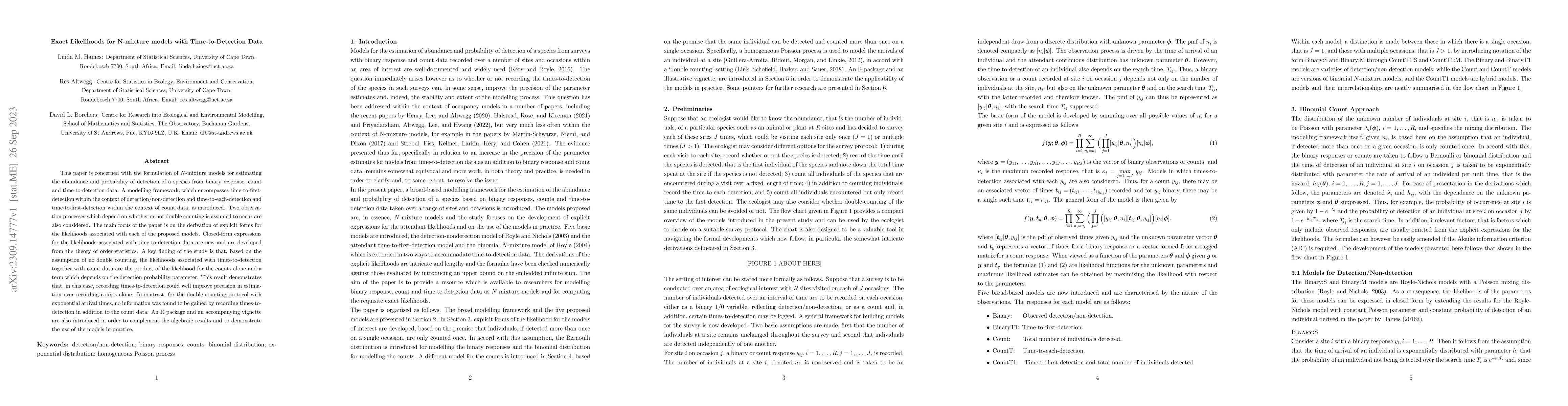 Thumbnail for Exact Likelihoods for N-mixture models with Time-to-Detection Data