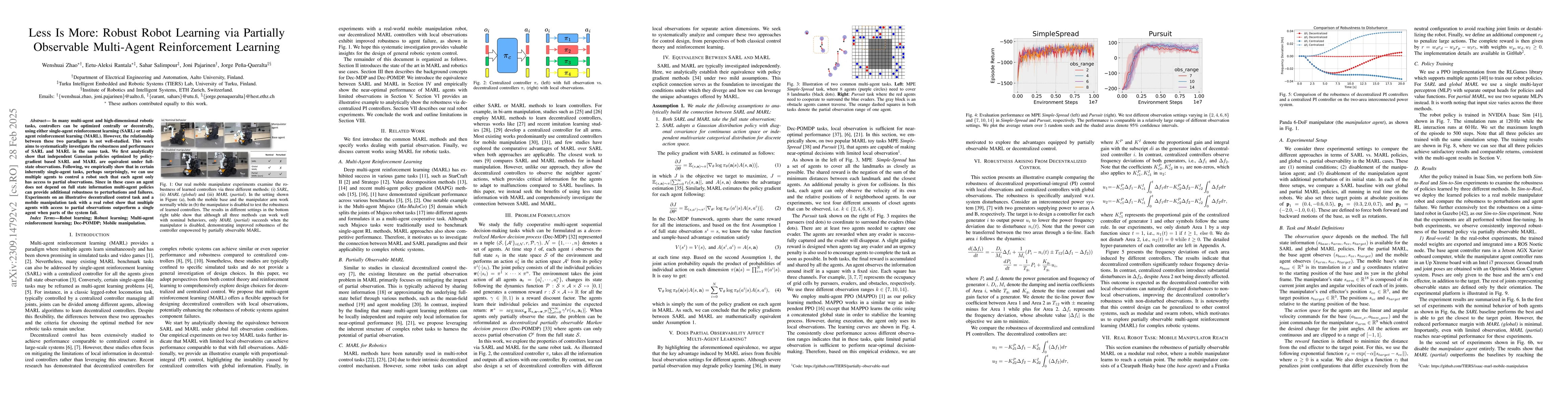 Thumbnail for Less Is More: Robust Robot Learning via Partially Observable Multi-Agent
  Reinforcement Learning