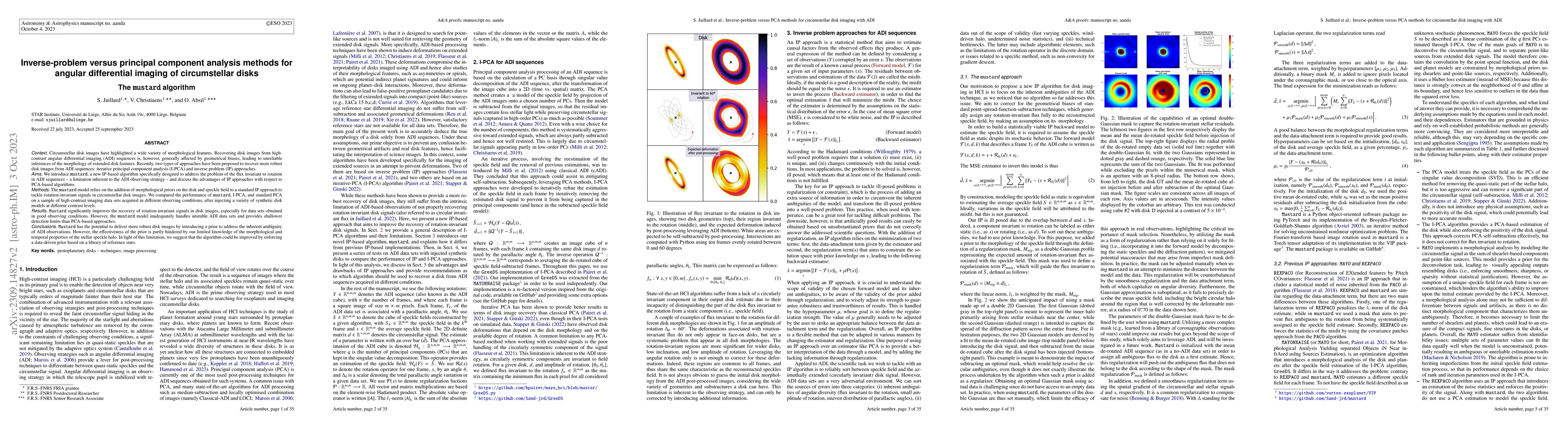 Thumbnail for Inverse-problem versus principal component analysis methods for angular
  differential imaging of circumstellar disks. The mustard algorithm