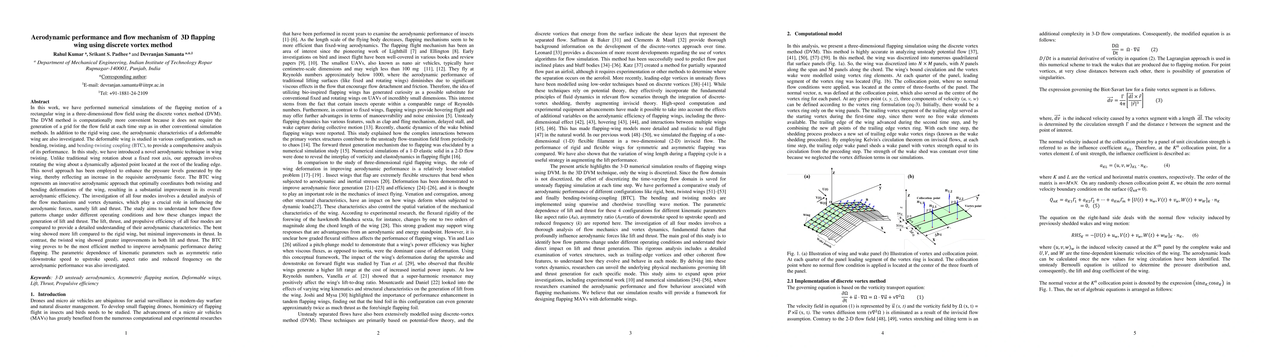 Thumbnail for Aerodynamic performance and flow mechanism of 3D flapping wing using
  discrete vortex method
