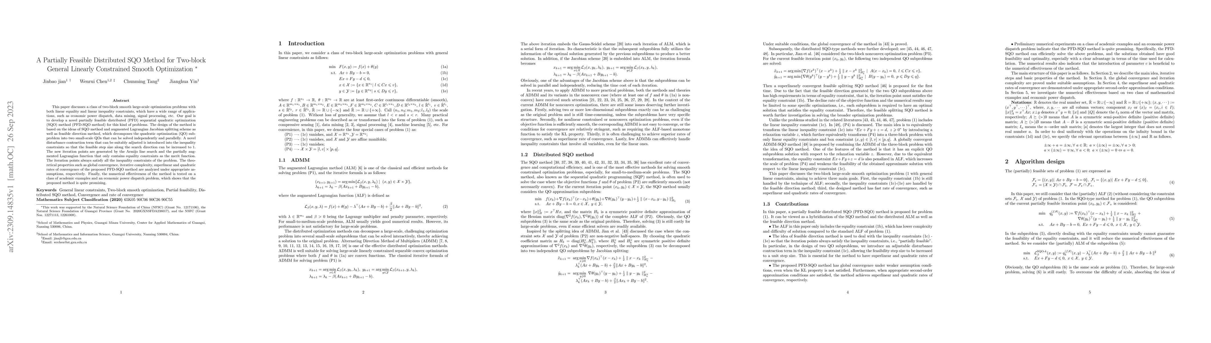 Thumbnail for A Partially Feasible Distributed SQO Method for Two-block General
  Linearly Constrained Smooth Optimization