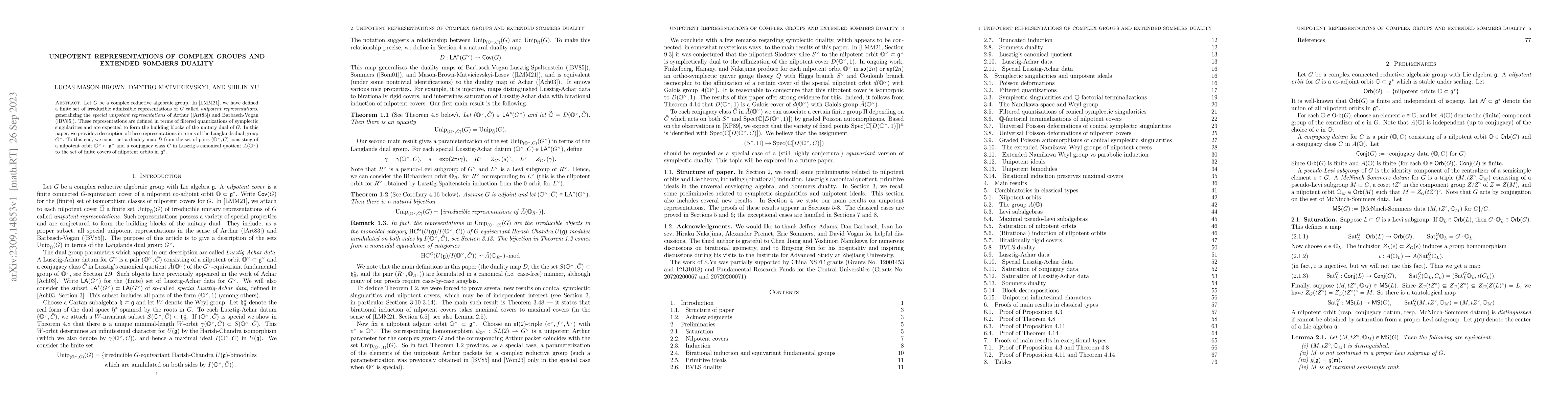 Thumbnail for Unipotent Representations of Complex Groups and Extended Sommers Duality