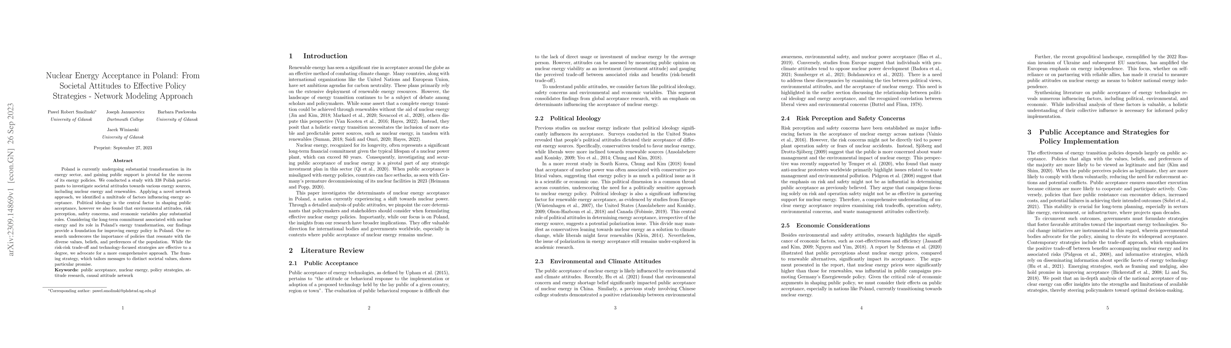 Thumbnail for Nuclear Energy Acceptance in Poland: From Societal Attitudes to
  Effective Policy Strategies -- Network Modeling Approach