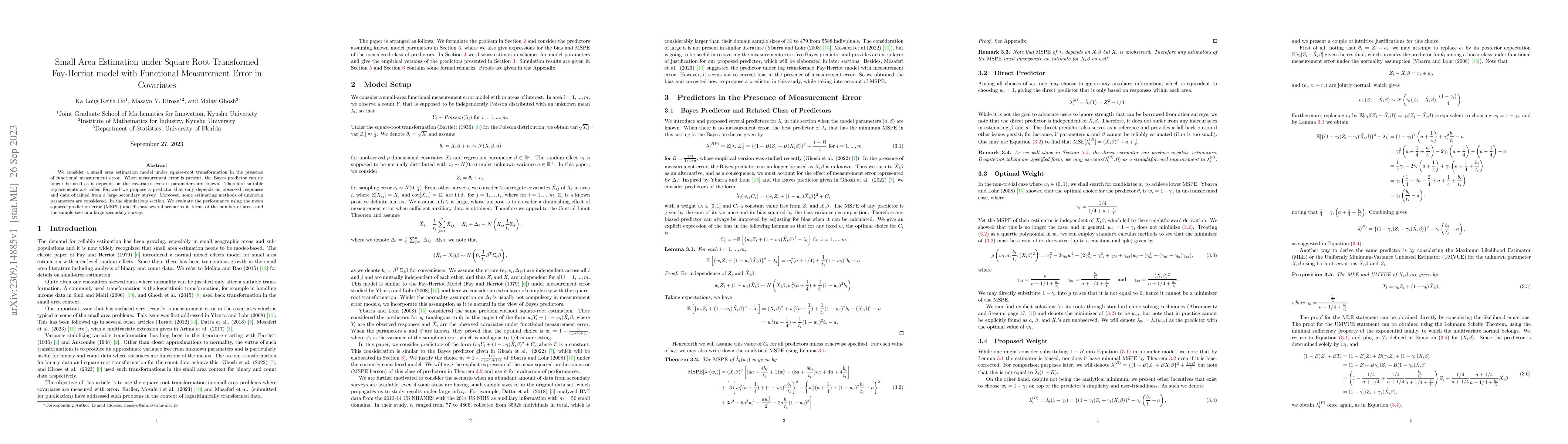 Thumbnail for Small Area Estimation under Square Root Transformed Fay-Herriot model
  with Functional Measurement Error in Covariates