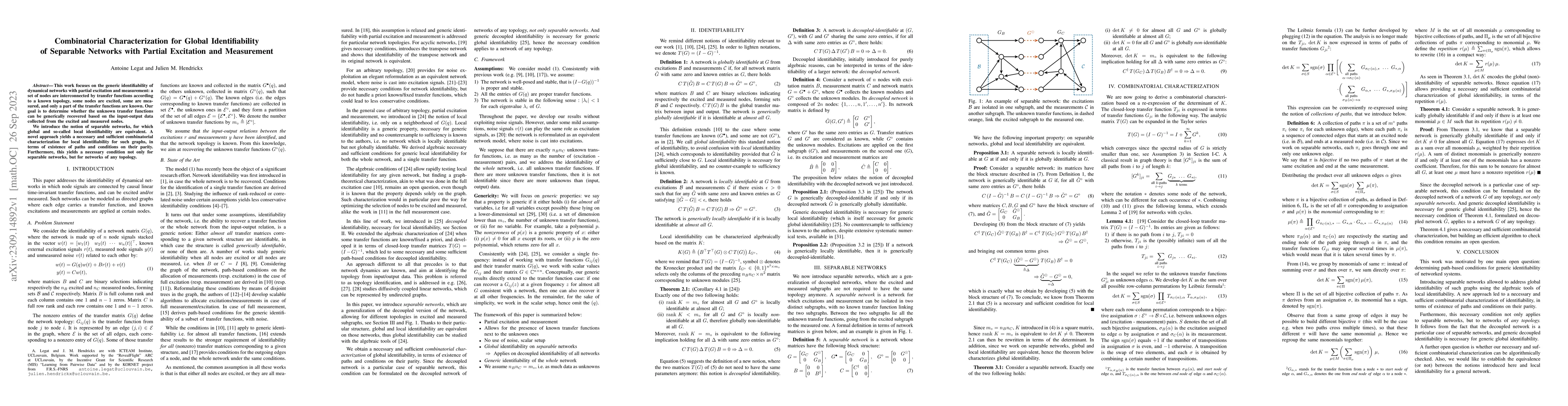 Thumbnail for Combinatorial Characterization for Global Identifiability of Separable
  Networks with Partial Excitation and Measurement