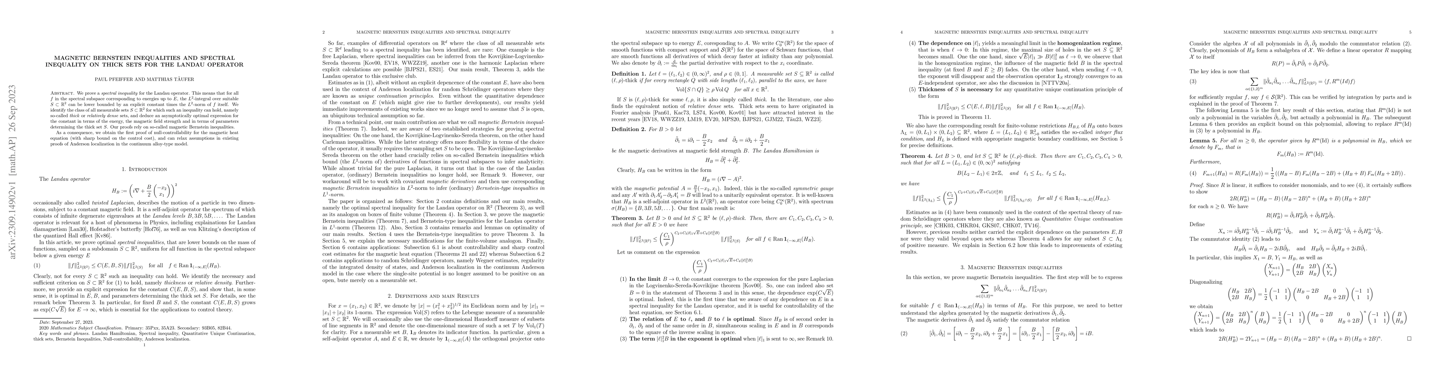 Thumbnail for Magnetic Bernstein inequalities and spectral inequality on thick sets
  for the Landau operator