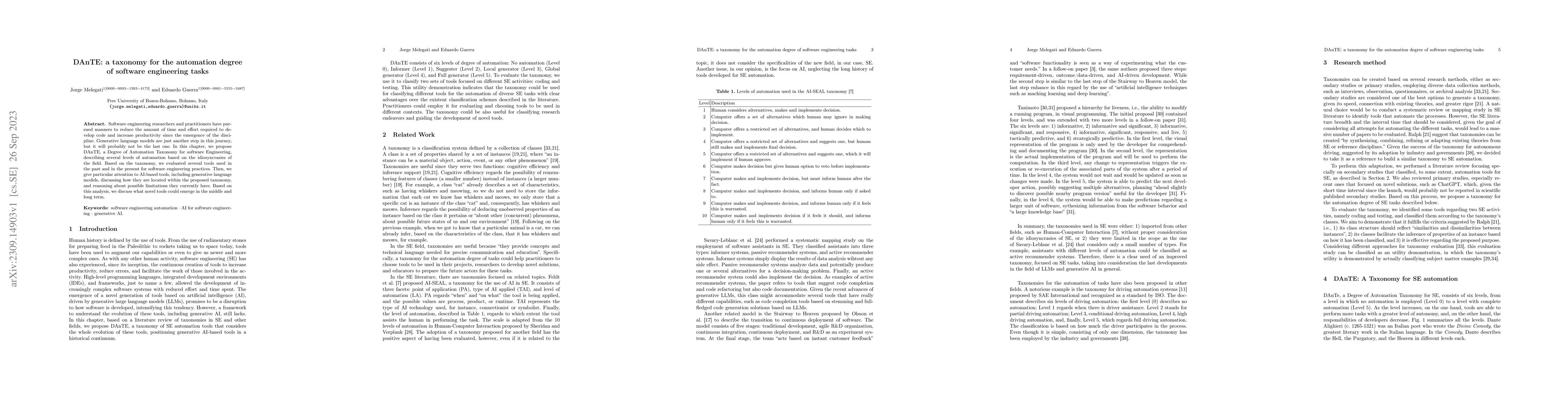 Thumbnail for DAnTE: a taxonomy for the automation degree of software engineering
  tasks