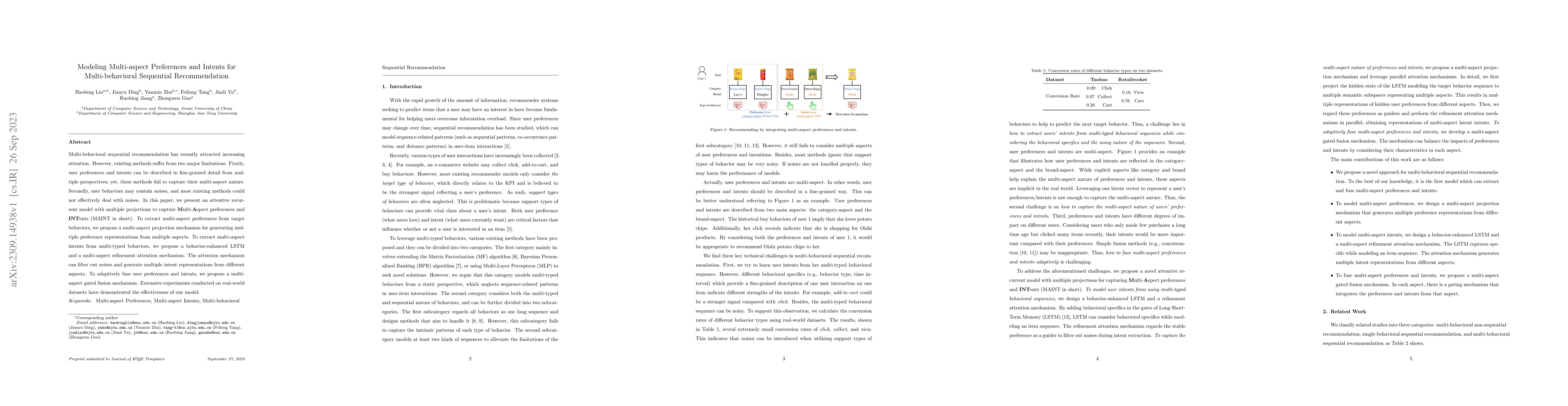 Thumbnail for Modeling Multi-aspect Preferences and Intents for Multi-behavioral
  Sequential Recommendation