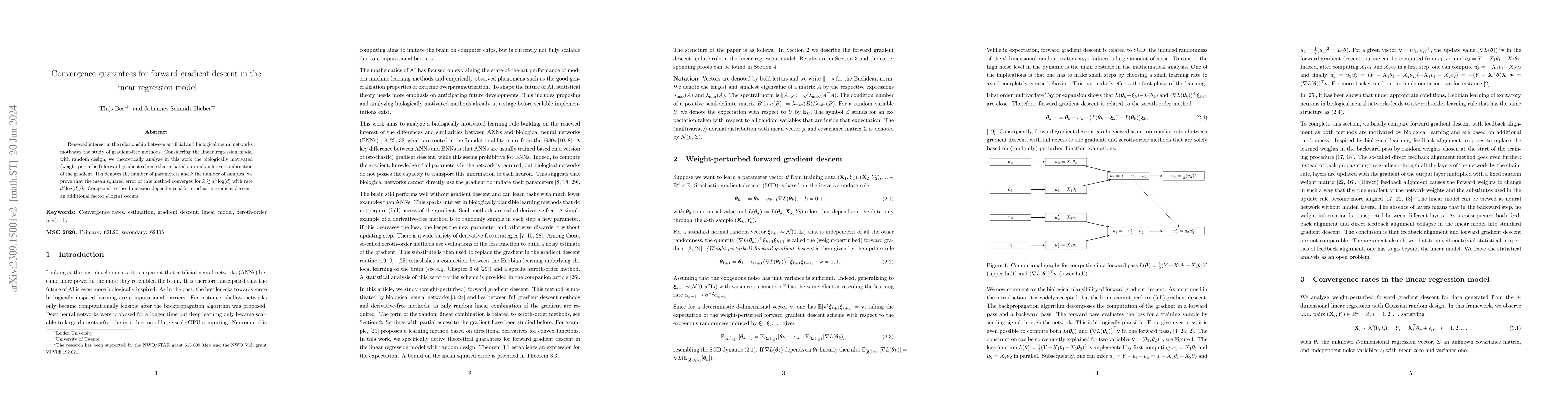 Thumbnail for Convergence guarantees for forward gradient descent in the linear
  regression model