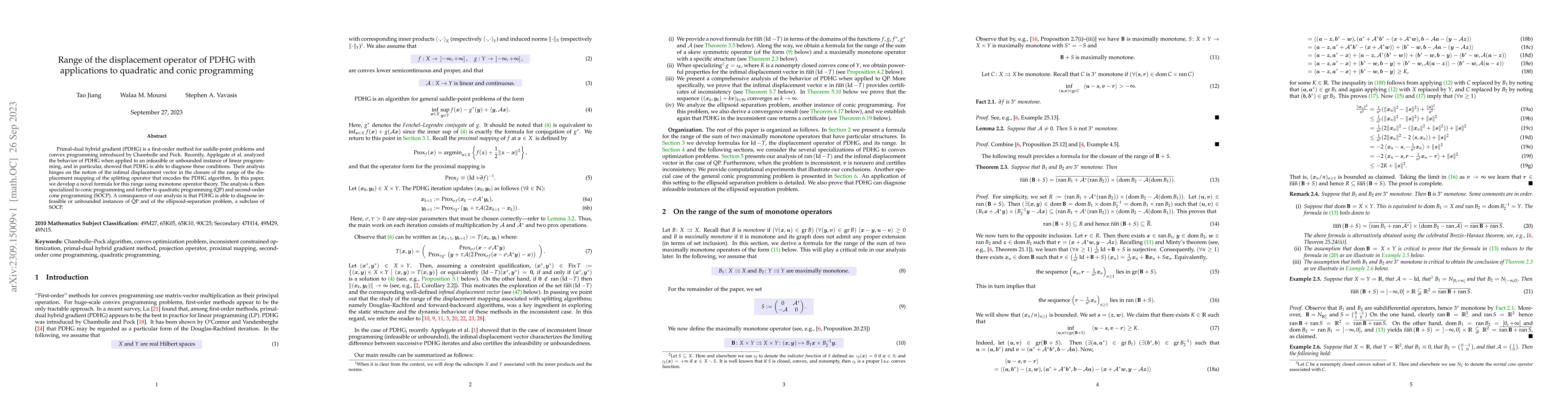 Thumbnail for Range of the displacement operator of PDHG with applications to
  quadratic and conic programming