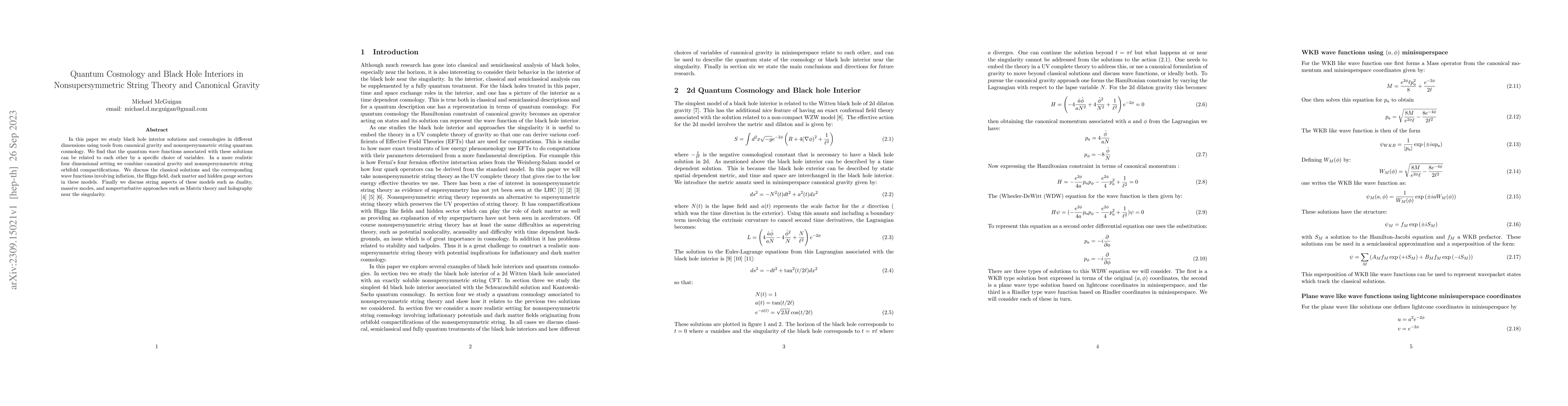 Thumbnail for Quantum Cosmology and Black Hole Interiors in Nonsupersymmetric String
  Theory and Canonical Gravity