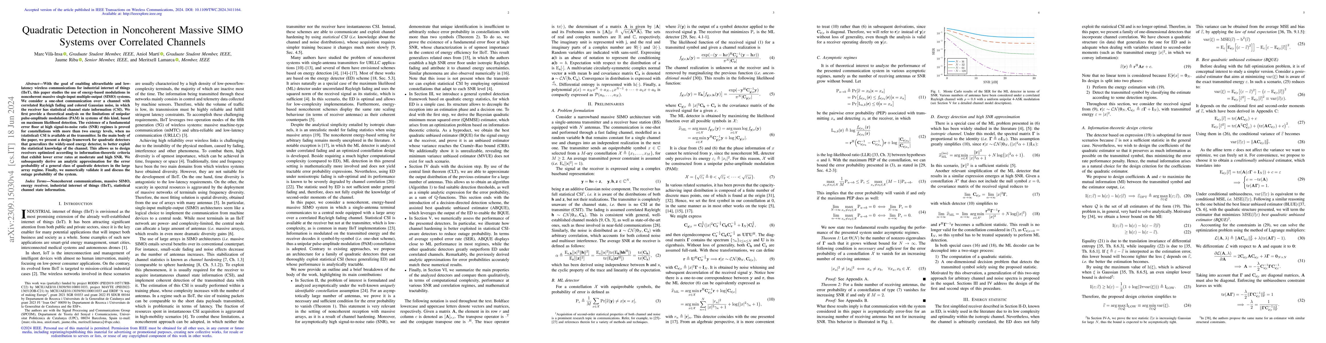 Thumbnail for Quadratic Detection in Noncoherent Massive SIMO Systems over Correlated
  Channels