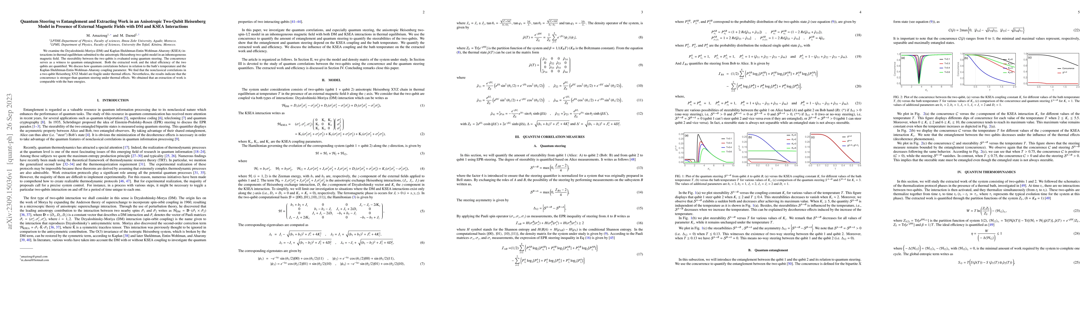 Thumbnail for Quantum Steering vs Entanglement and Extracting Work in an Anisotropic
  Two-Qubit Heisenberg Model in Presence of External Magnetic Fields with DM
  and KSEA Interactions