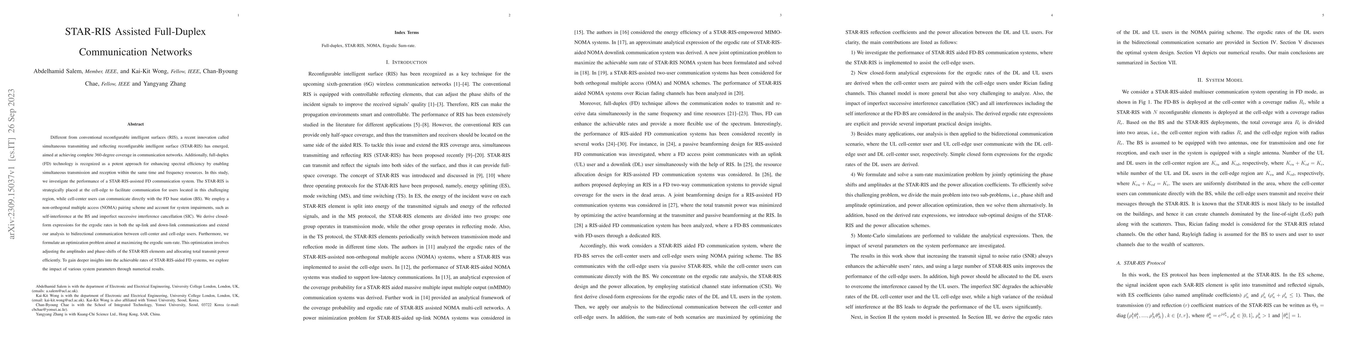 Thumbnail for STAR-RIS Assisted Full-Duplex Communication Networks