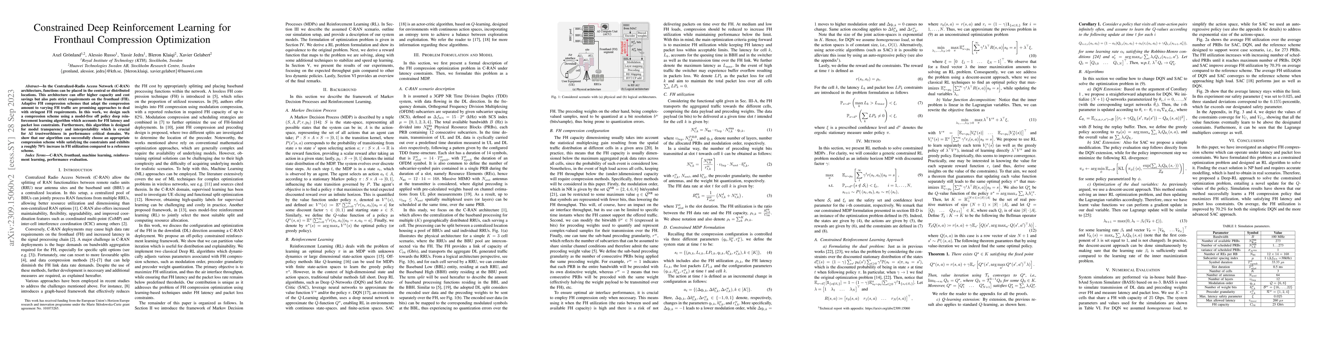 Thumbnail for Constrained Deep Reinforcement Learning for Fronthaul Compression
  Optimization
