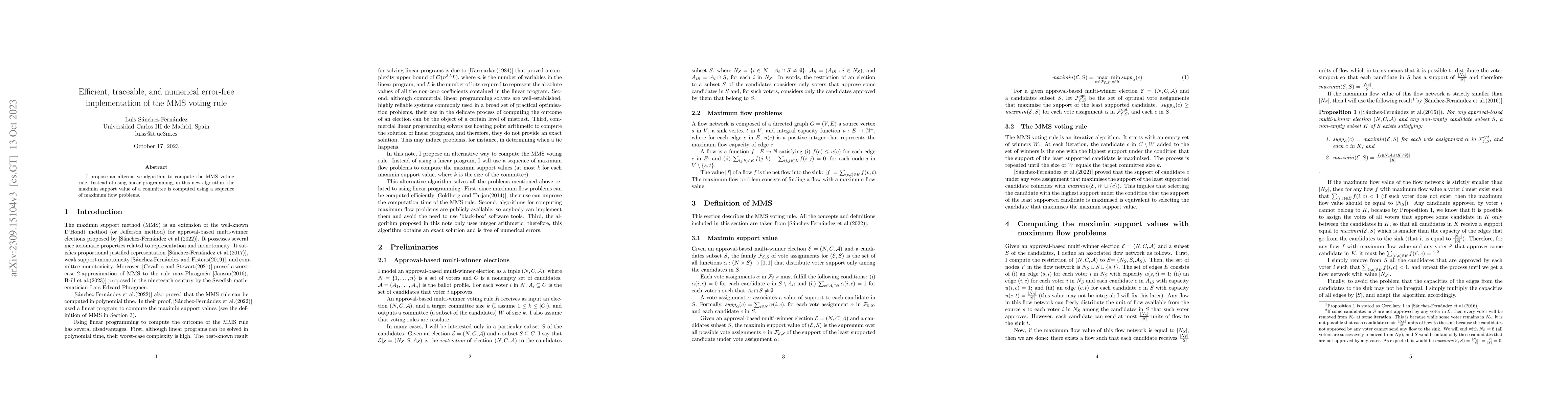 Thumbnail for Efficient, traceable, and numerical error-free implementation of the MMS
  voting rule
