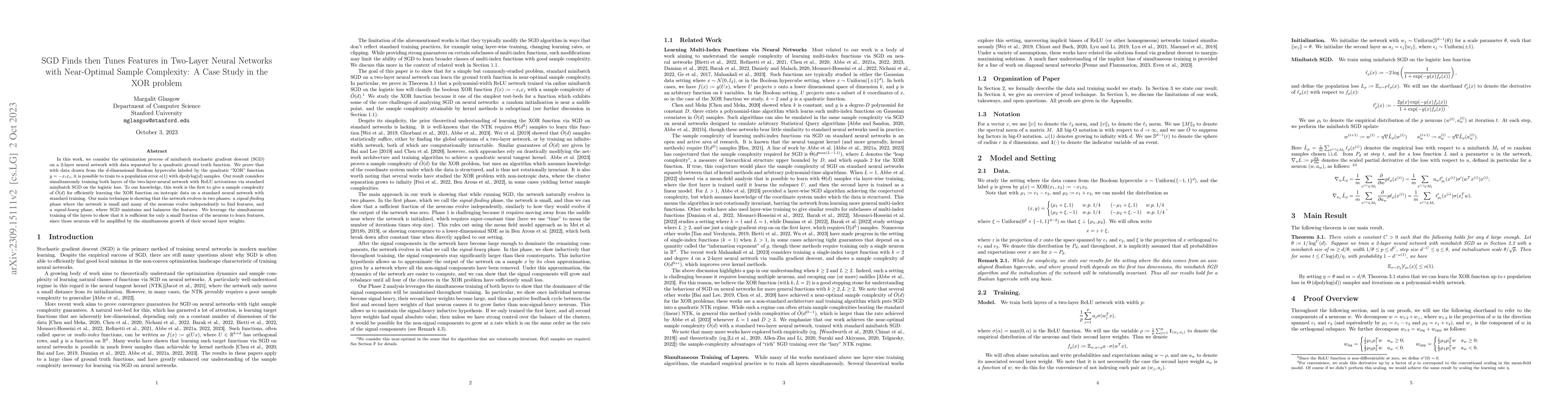 Thumbnail for SGD Finds then Tunes Features in Two-Layer Neural Networks with
  near-Optimal Sample Complexity: A Case Study in the XOR problem