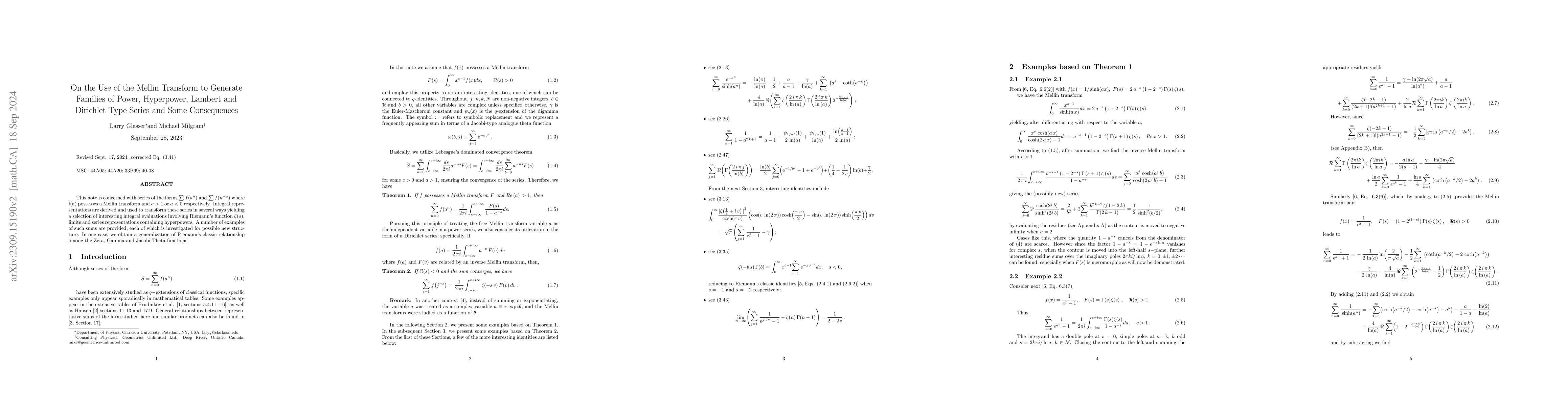 Thumbnail for On the Use of the Mellin Transform to Generate Families of Power,
  Hyperpower, Lambert and Dirichlet Type Series and Some Consequences