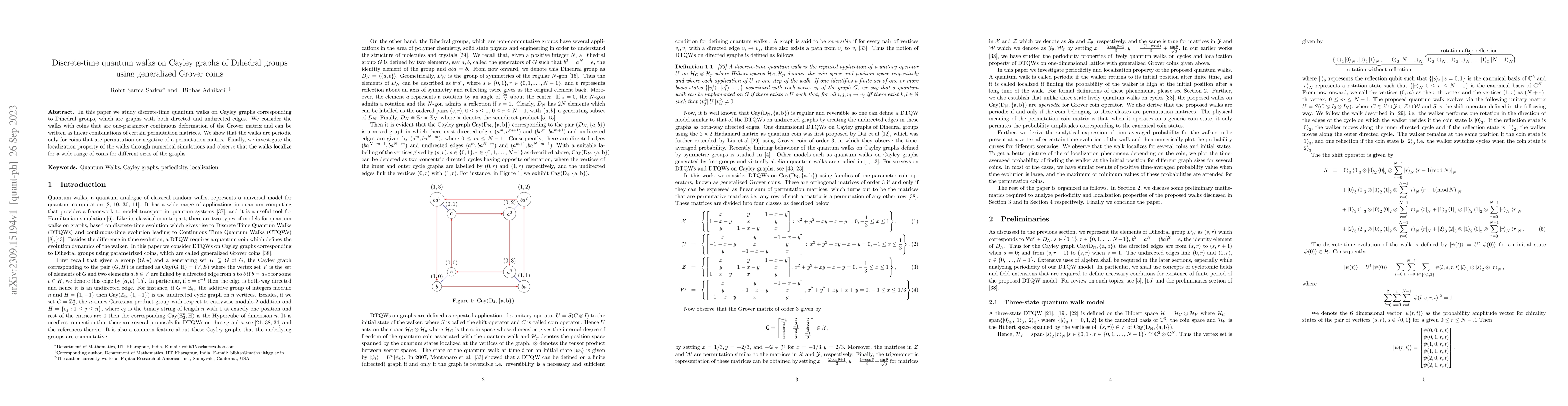 Thumbnail for Discrete-time quantum walks on Cayley graphs of Dihedral groups using
  generalized Grover coins