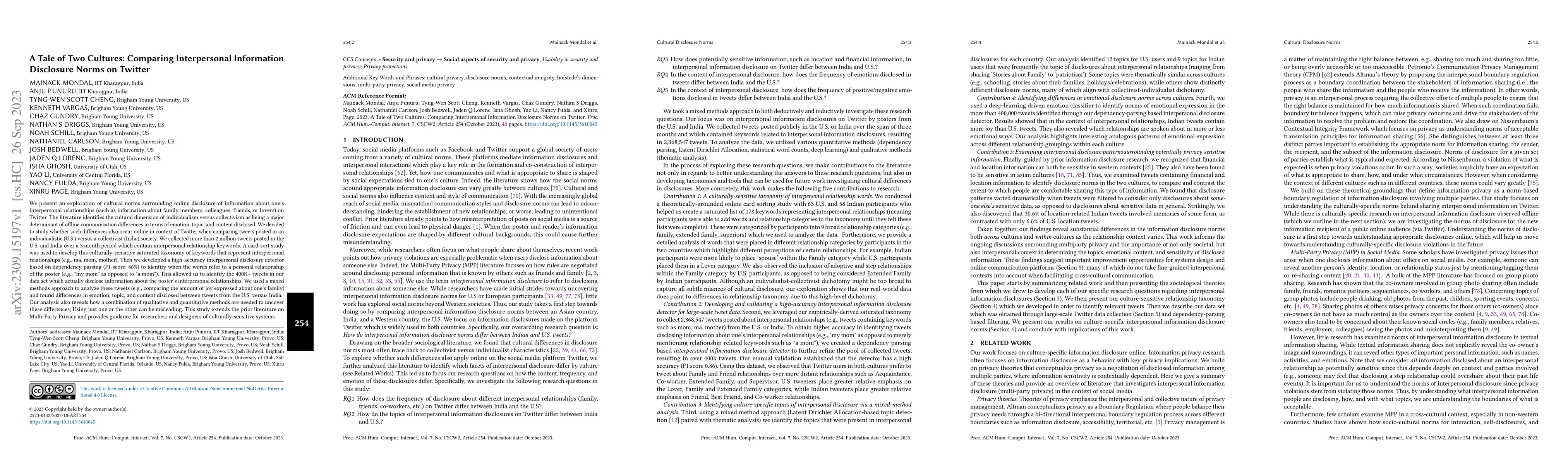 Thumbnail for A Tale of Two Cultures: Comparing Interpersonal Information Disclosure
  Norms on Twitter