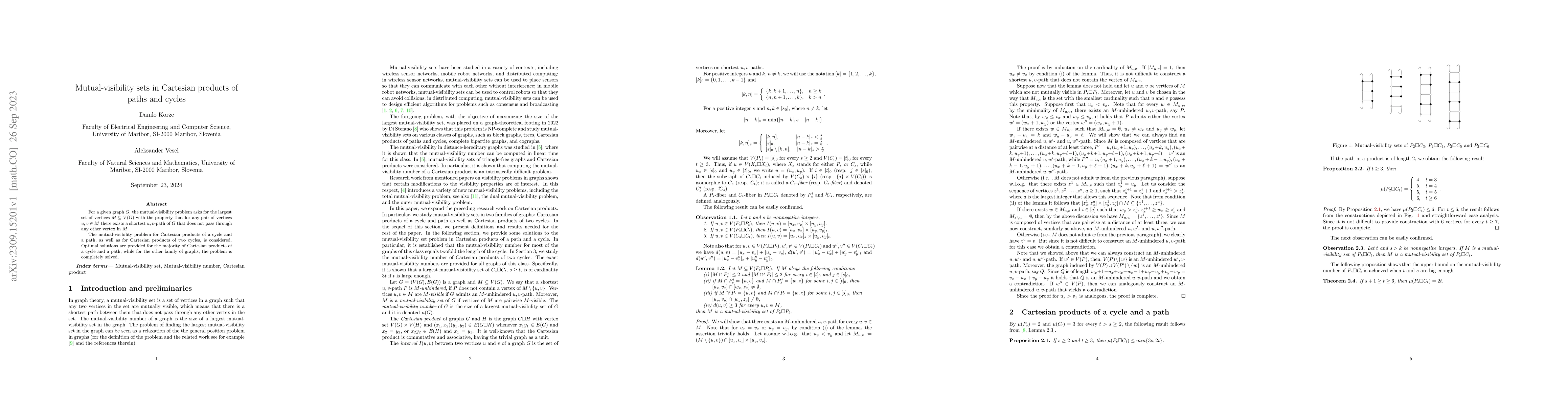 Thumbnail for Mutual-visibility sets in Cartesian products of paths and cycles
