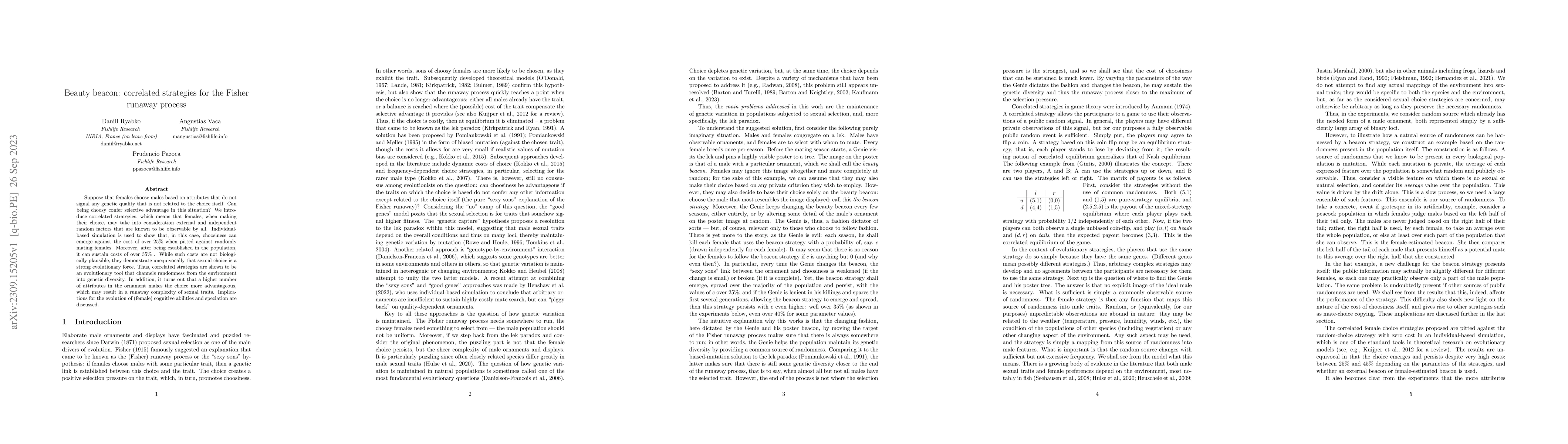 Thumbnail for Beauty beacon: correlated strategies for the Fisher runaway process