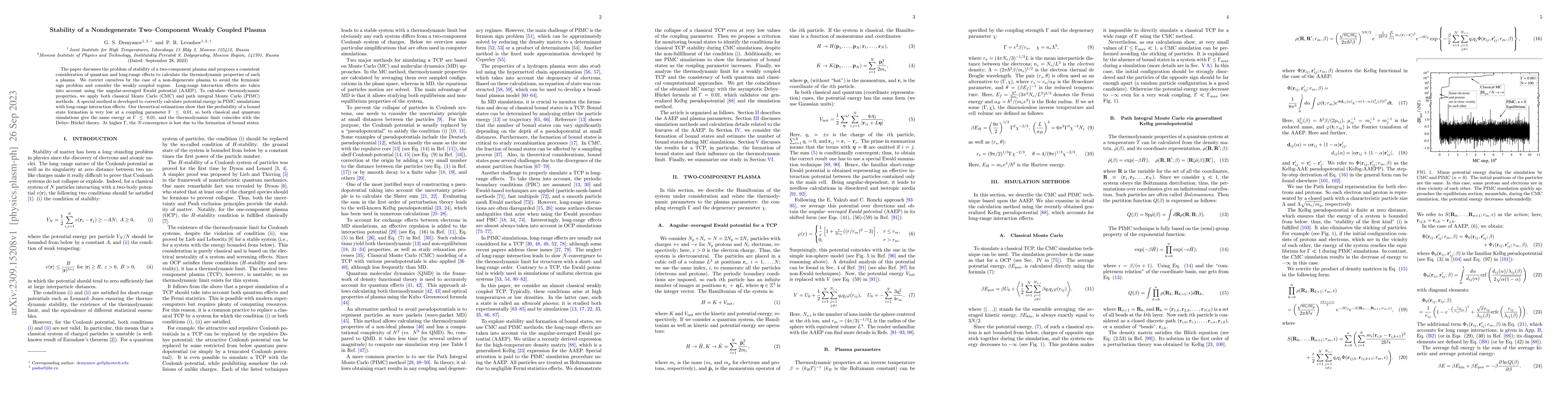 Thumbnail for Stability of a Nondegenerate Two--Component Weakly Coupled Plasma