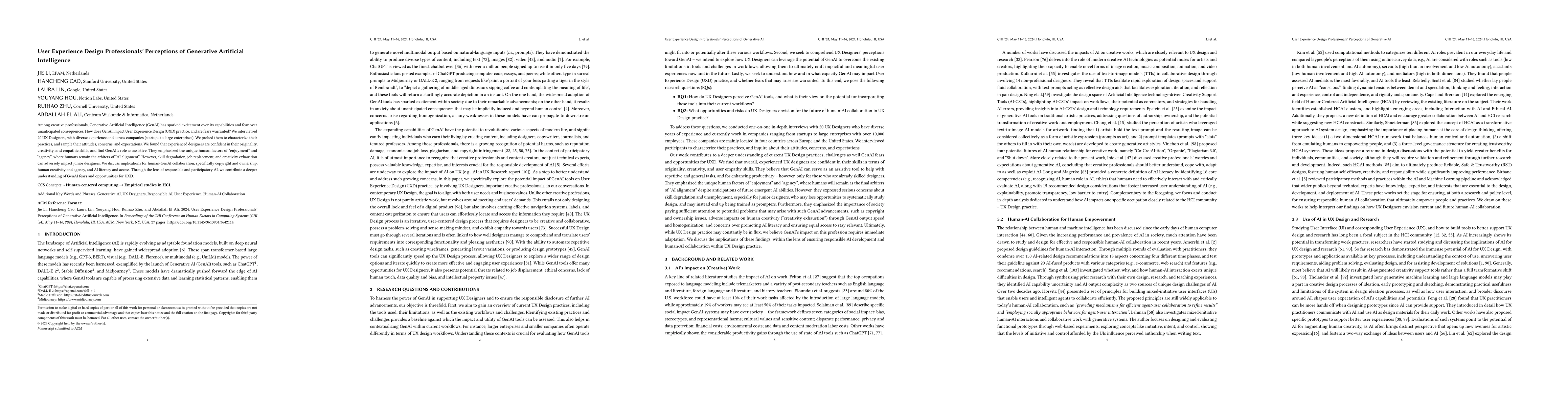 Thumbnail for User Experience Design Professionals' Perceptions of Generative
  Artificial Intelligence