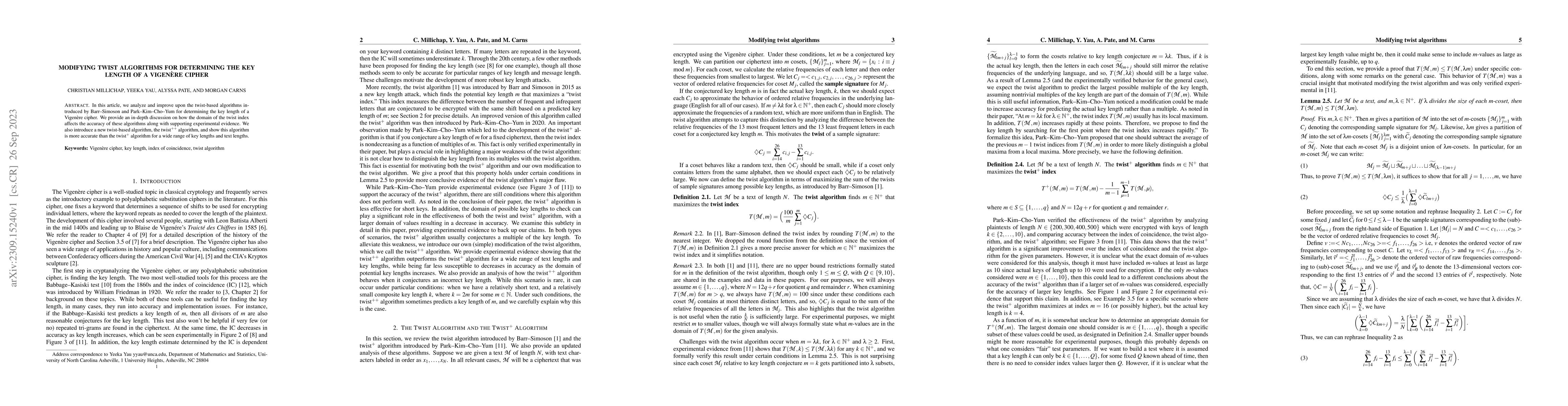 Thumbnail for Modifying twist algorithms for determining the key length of a
  Vigen\`{e}re cipher