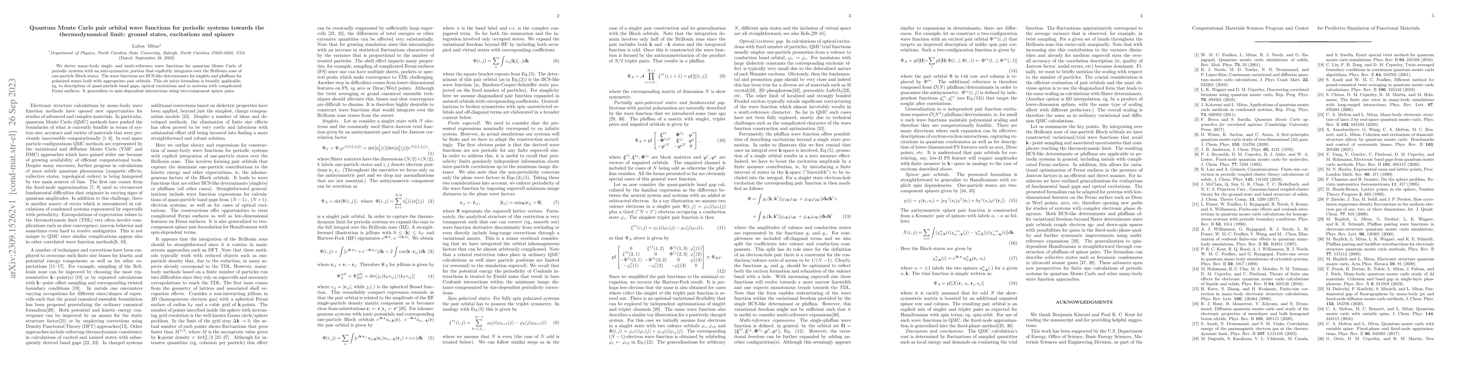 Thumbnail for Quantum Monte Carlo pair orbital wave functions for periodic systems
  towards the thermodynamical limit: ground states, excitations and spinors