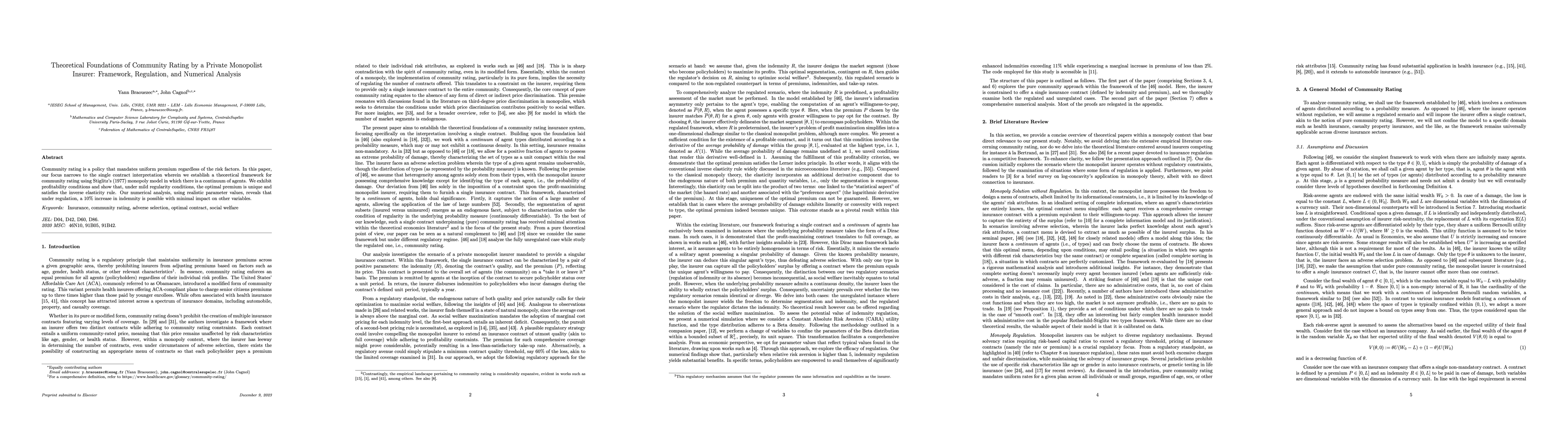 Thumbnail for Theoretical Foundations of Community Rating by a Private Monopolist
  Insurer: Framework, Regulation, and Numerical Analysis
