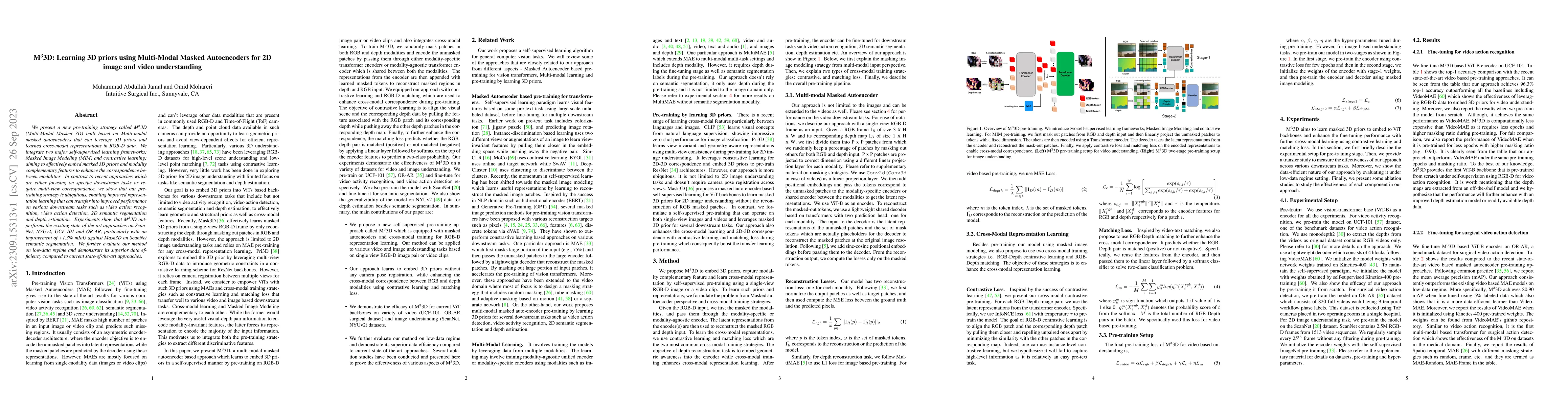 Thumbnail for M$^{3}$3D: Learning 3D priors using Multi-Modal Masked Autoencoders for
  2D image and video understanding