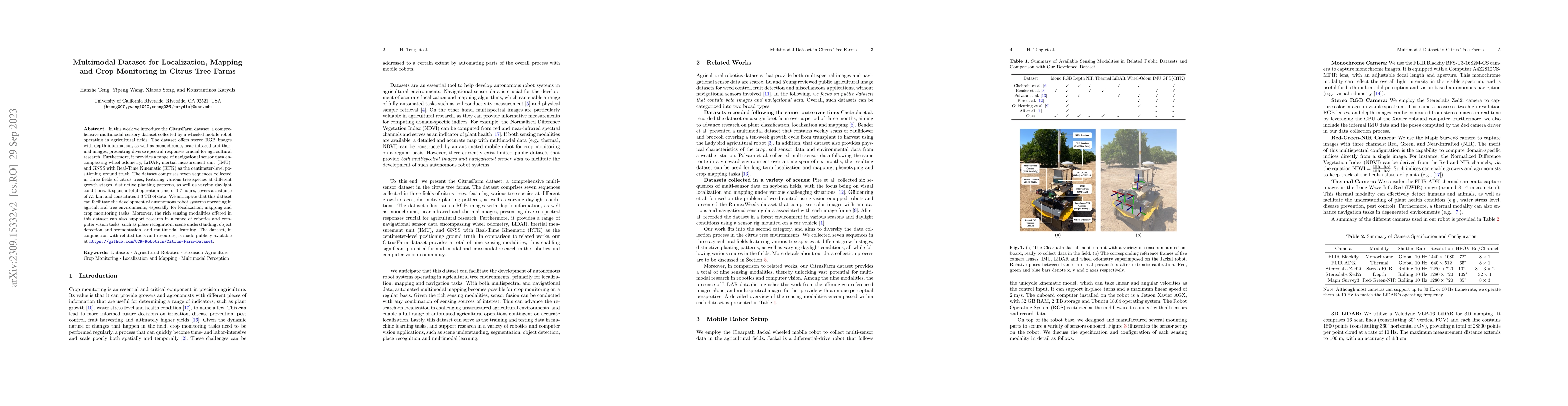 Thumbnail for Multimodal Dataset for Localization, Mapping and Crop Monitoring in
  Citrus Tree Farms