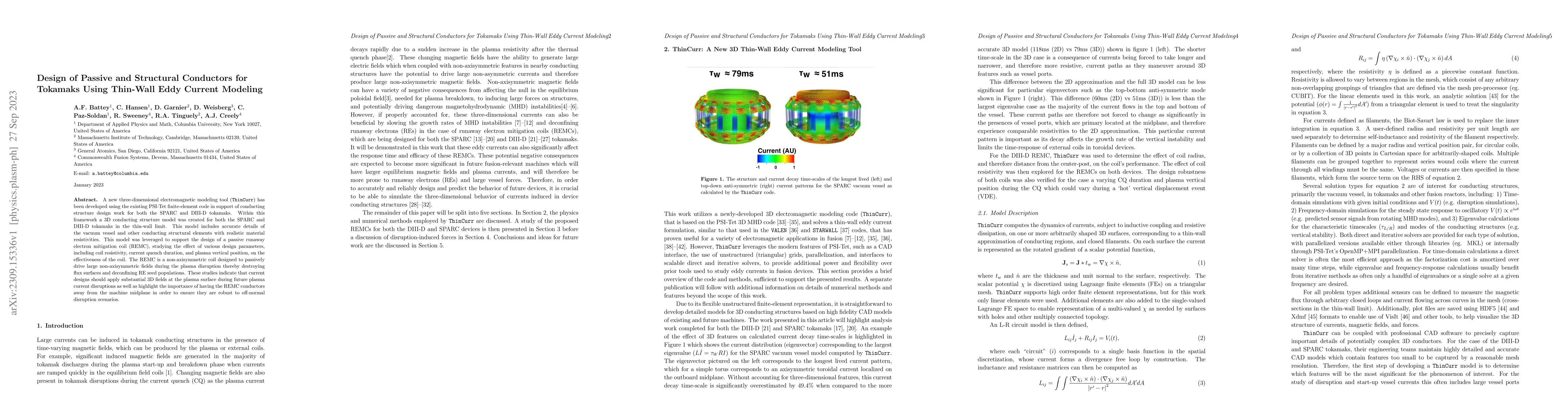 Thumbnail for Design of Passive and Structural Conductors for Tokamaks Using Thin-Wall
  Eddy Current Modeling