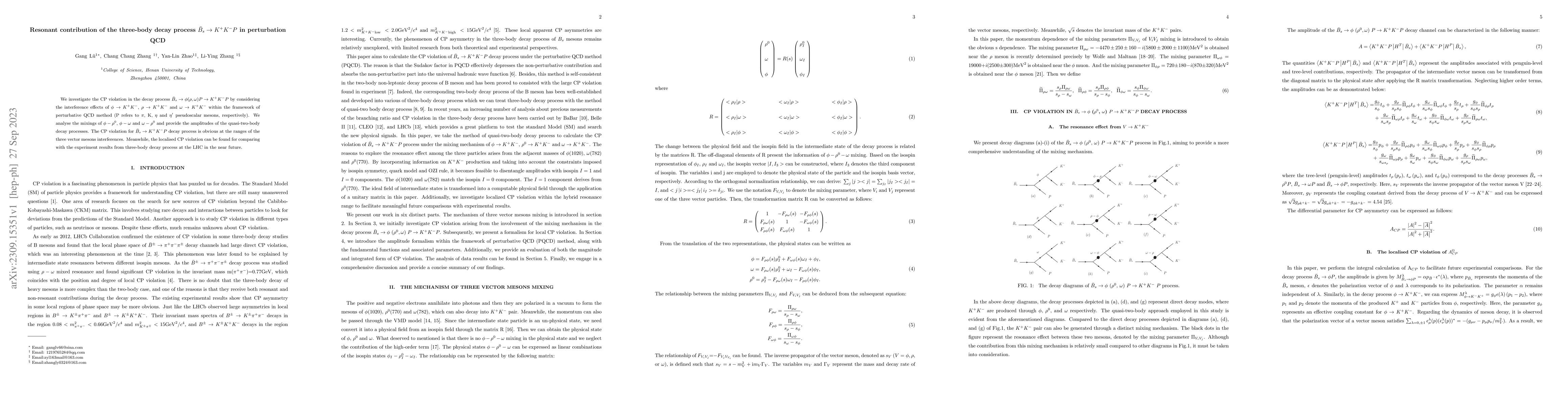 Thumbnail for Resonant contribution of the three-body decay process $\bar
  B_{s}\rightarrow K^{+}K^{-} P$ in perturbation QCD