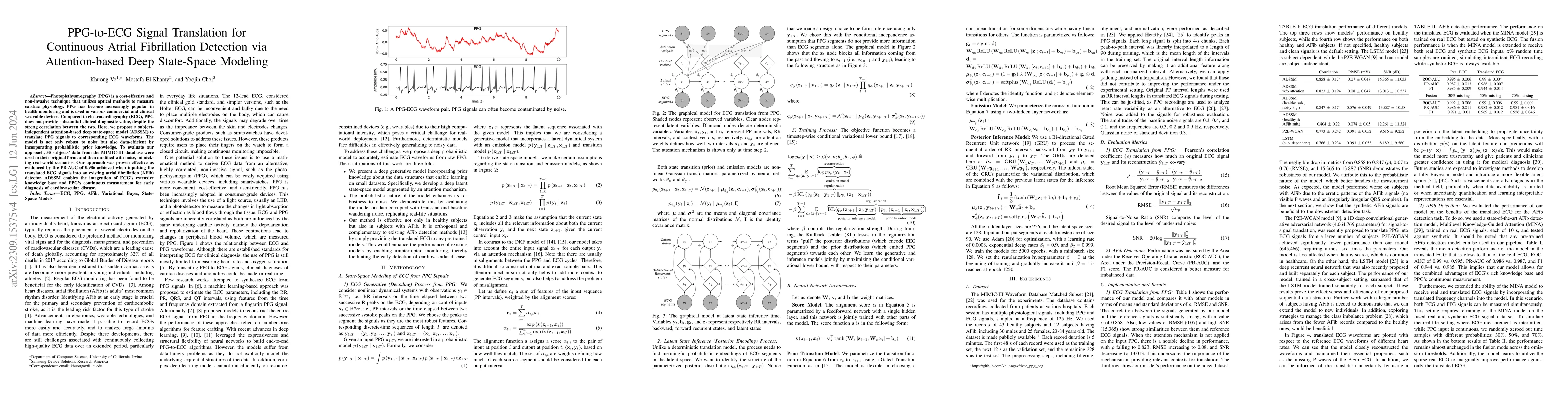 Thumbnail for PPG-to-ECG Signal Translation for Continuous Atrial Fibrillation
  Detection via Attention-based Deep State-Space Modeling